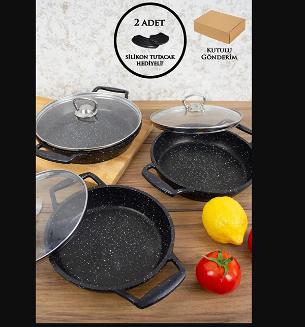 Siyah Tava Tencere Seti Cam Kapaklı - Image 1