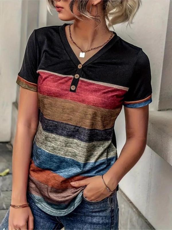 MDB Kadın Kısa Kollu V Yakalı Düğmeli çok Renkli Süprem Bluz - Image 1