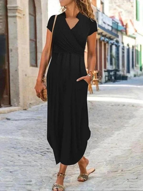 MDB Kadın Kısa Kollu Hakim V Yaka Viskon Elbise - Image 1