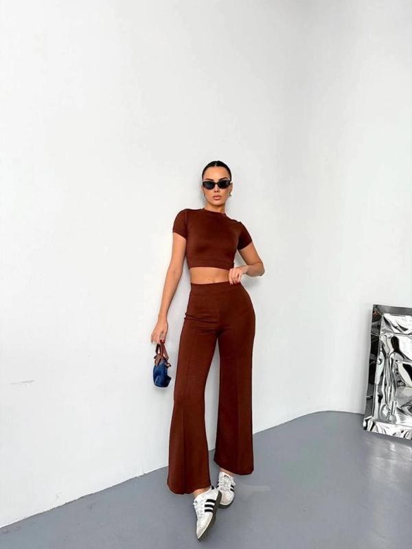 MDB Osy odal Yumuşak Dokulu Kumaş Kısa Kollu Crop Alt Ispanyol Paça Pantalon Ikili Takım  Kahverengi - Image 1