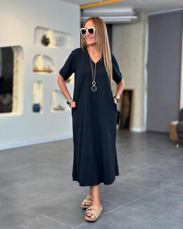 MDB Kadın Kısa Kollu V Yakalı Cep Detaylı Uzun Viskon Iki Iplik Elbise - Image 1