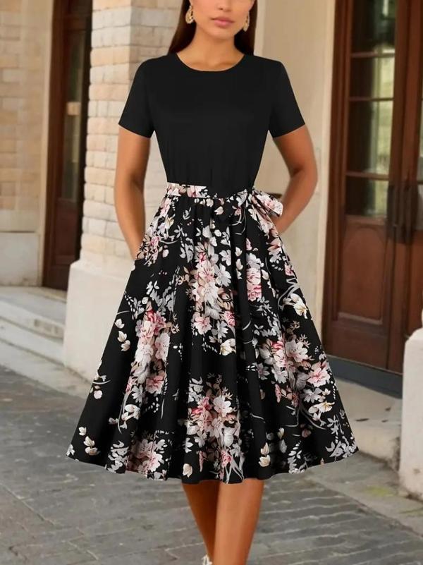 MDB Kadın Kısa Kollu Bisiklet Yaka çiçek Desenli üst Viskon Alt Süprem Kısa Elbise - Image 1