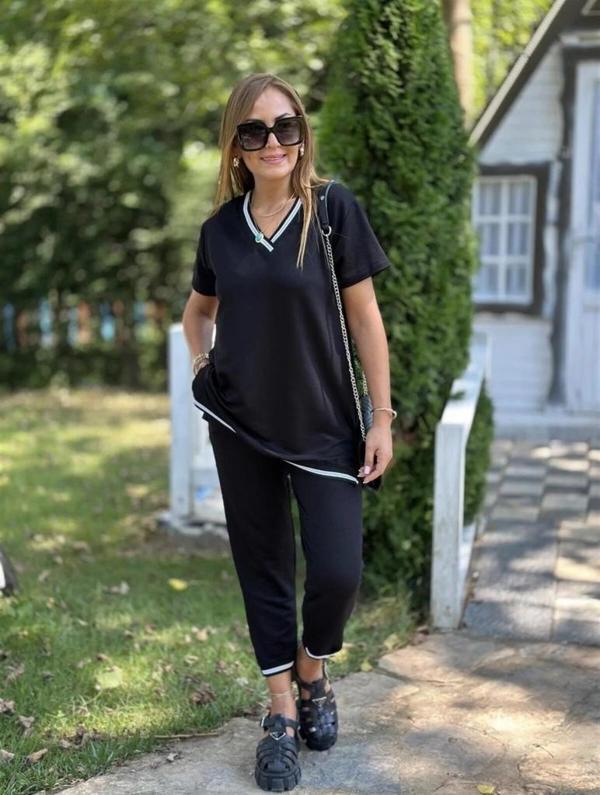 MDB Kadın Kısa Kollu V Yakalı Iki Iplik Bluz Ve Pantolon Ikili Takım - Image 1