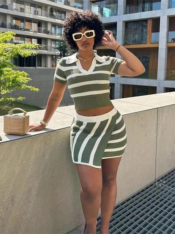 MDB Kadın Kısa Kollu Polo Yaka Crop Asimetrik Mini Triko Etek Ikili Takım - Image 1