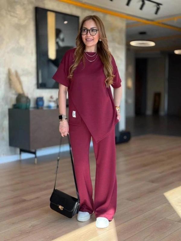 MDB Kadın Kısa Kollu Bisiklet Yaka Asimetrik Viskon Iki Iplik Bluz Ve Pantolon Ikili Takım - Image 1