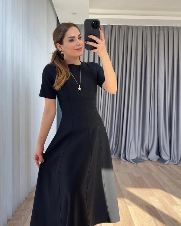 MDB Kadın Kısa Kollu Bisiklet Yaka Maksi Boy Ithal Krep Elbise - Image 1