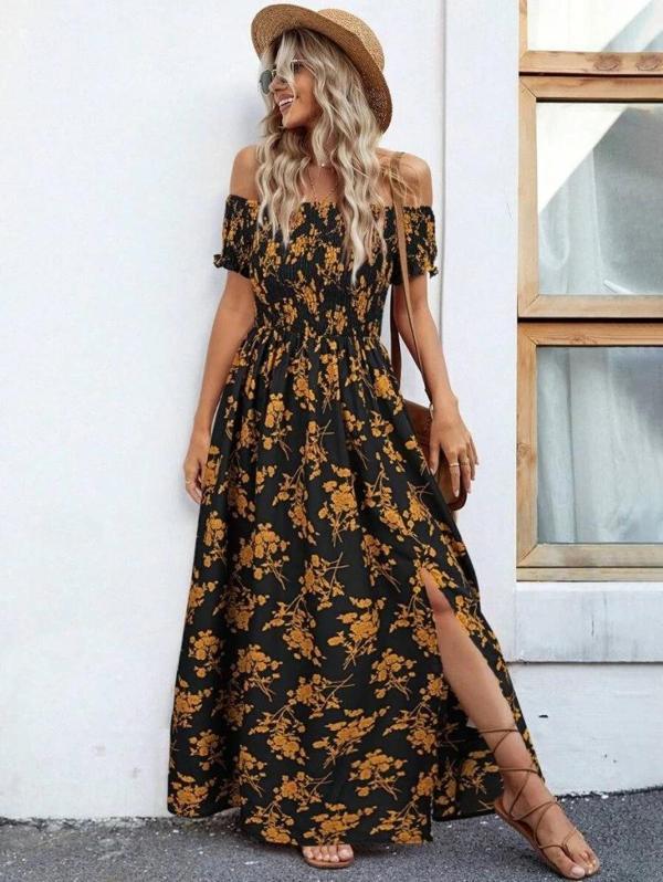 MDB Kadın Kısa Kollu Madonna Yaka Yırtmaçlı çiçek Desenli Süprem Elbise - Image 1