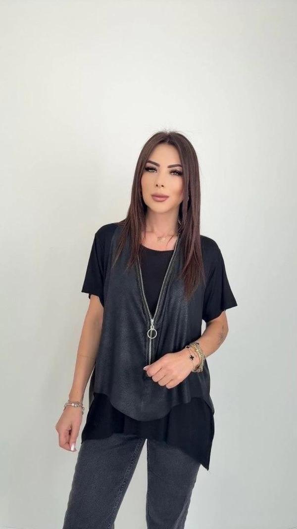 MDB Kadın Kısa Kollu Yuvarlak Yaka Viskon Bluz + Kolsuz Fermuarlı çatlak Deri Yelek - Image 1