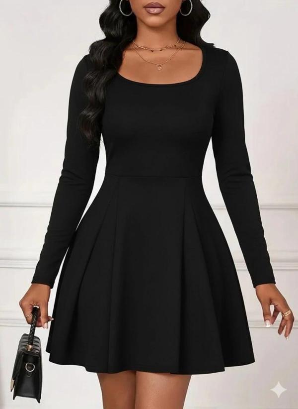 MDB Kadın Uzun Kollu Kare Yakalı Mini Ithal Krep Elbise - Image 1