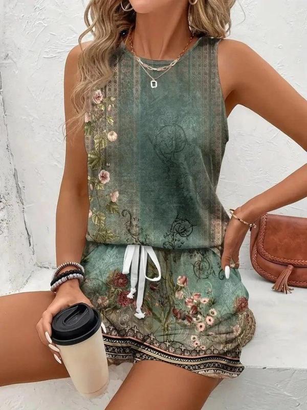 MDB Kadın Askılı Yuvarlak Yaka çiçek Baskılı Süprme Bluz Ve Short Ikili Takım - Image 1