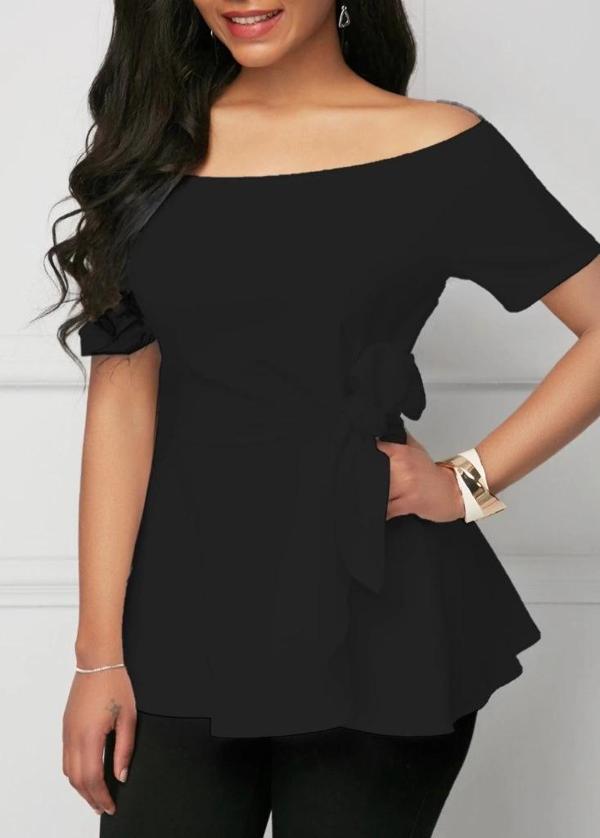 MDB Kadın Kısa Kollu Madonna Yaka Yandan Bağlamalı Ithal Krep Bluz - Image 1