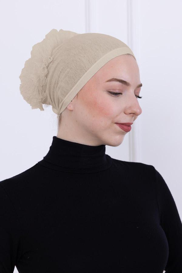 Fırfırlı Önden Dikişli Penye Bone - Kadın Tesettür Bağlamalı Topuz İç Bone-Krem - Image 1