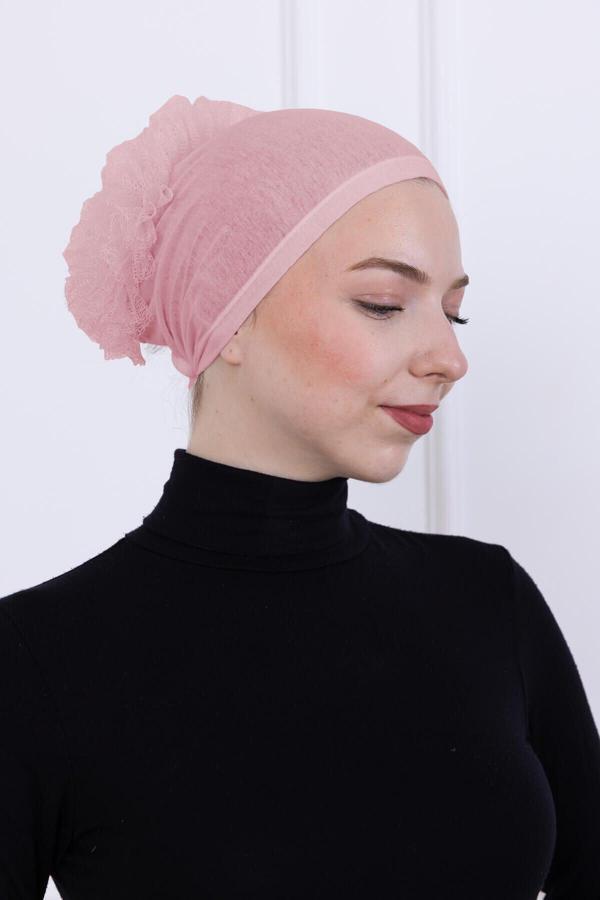 Fırfırlı Önden Dikişli Penye Bone - Kadın Tesettür Bağlamalı Topuz İç Bone-Pembe - Image 1