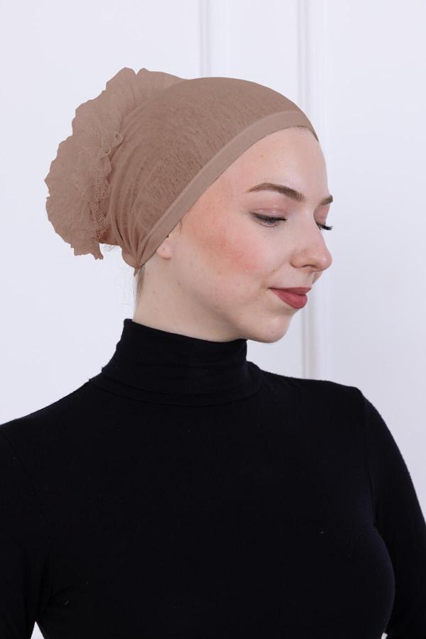 Fırfırlı Önden Dikişli Penye Bone - Kadın Tesettür Bağlamalı Topuz İç Bone-Vizon - Image 1