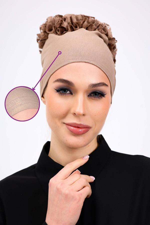 Kaymayan Fırfırlı Silikonlu Dikişsiz Bone - Kaymaz Kadın Tesettür Bağlamalı İç Bone-Vizon - Image 1