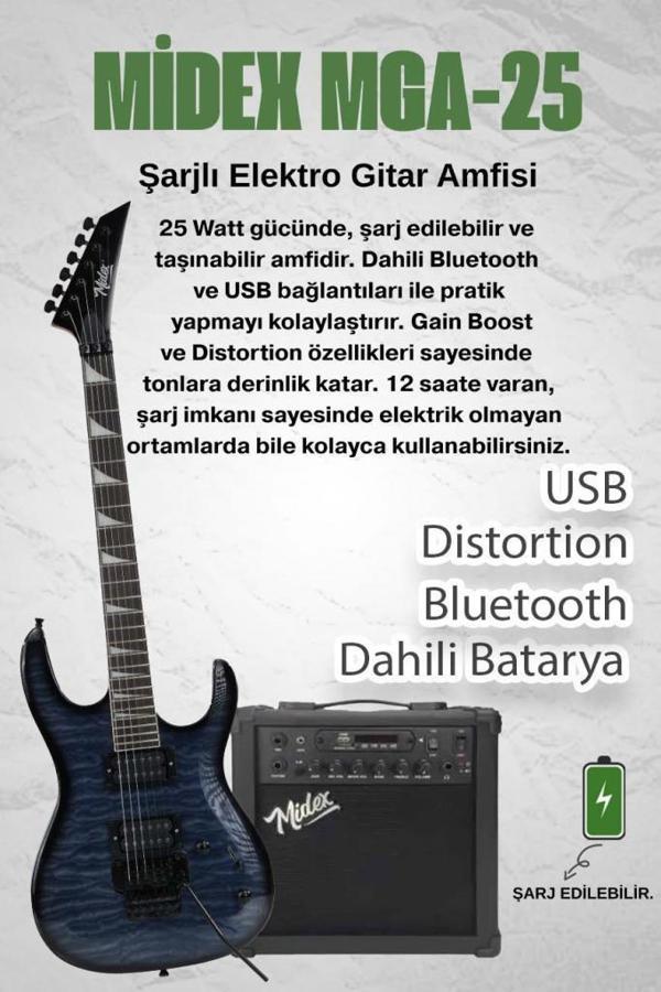 Midex Crade-25AMP Blue Rosewood Super Strat Kasa HH Yüksek Kaliteli 25W Amfili Elektro Gitar Seti - Image 1