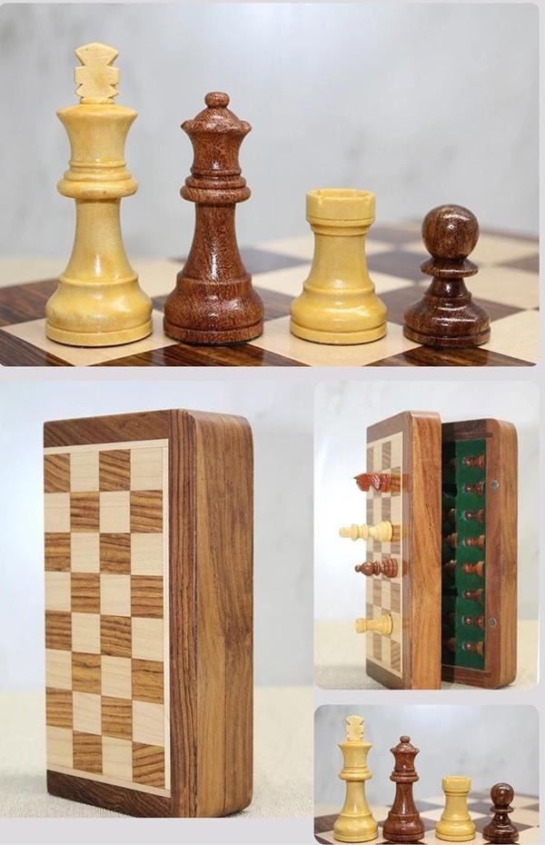 Özel Vernikli Mıknatıs Taşlı Ahşap Katlanabilir Kutulu Satranç Oyunu 12.5 Cm G220 - Image 1