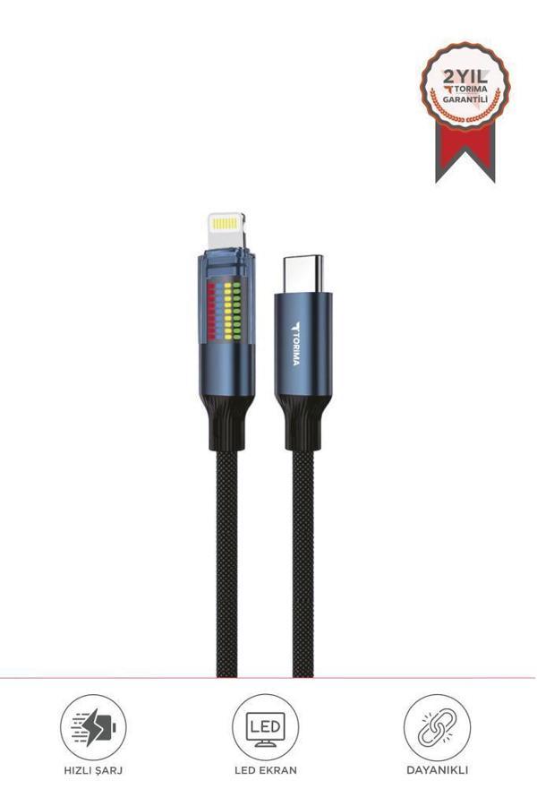 Torima U21 Siyah Type-C to Lightning 27W Hızlı Şarj Kablosu LED Ekranlı Dayanıklı Örgü Kablo - Image 1