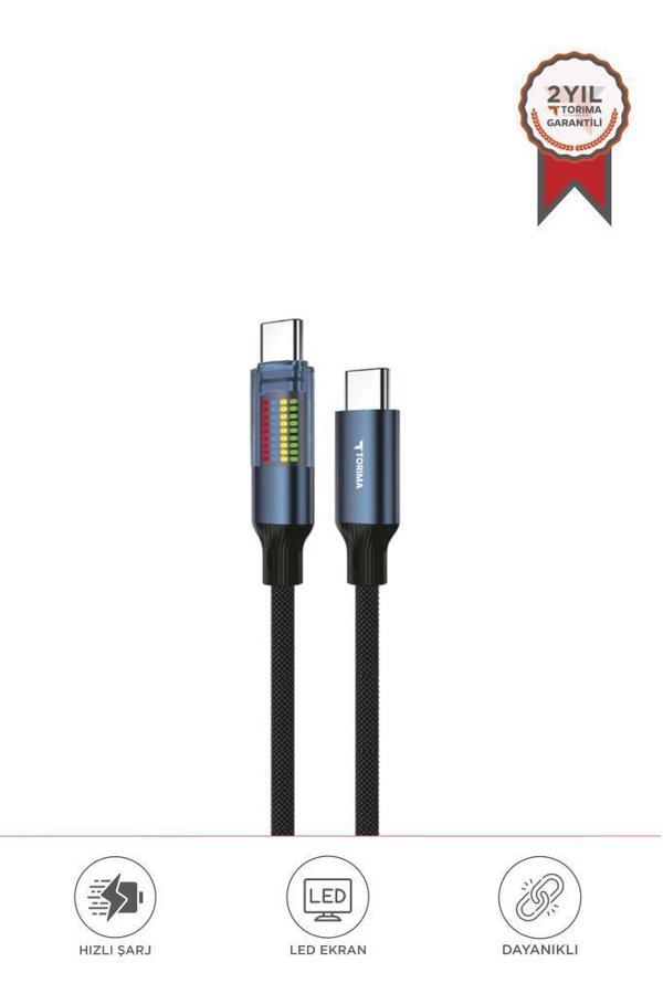 TORIMA U21 Siyah Type-C to Type-C 60W Hızlı Şarj Kablosu – LED Ekranlı, Dayanıklı Örgü Kablo - Image 1