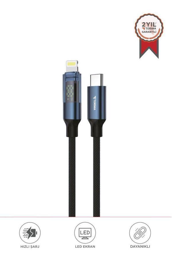 Torima U22 Siyah Type-C to Lightning 27W Hızlı Şarj Kablosu LED Ekranlı Dayanıklı Örgü Kablo - Image 1