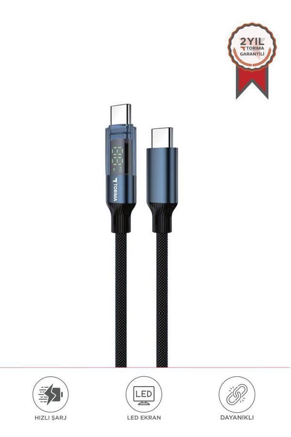 Torima U22 Siyah Type-C to Type-C 60W Hızlı Şarj Kablosu – LED Ekranlı, Dayanıklı Örgü Kablo - Image 1