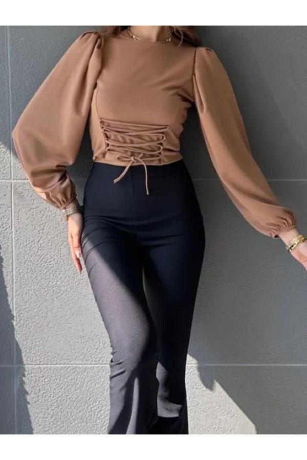Akkanat Butik Kadın Balon Kol Bağcık Detaylı Crop Bluz - Image 1