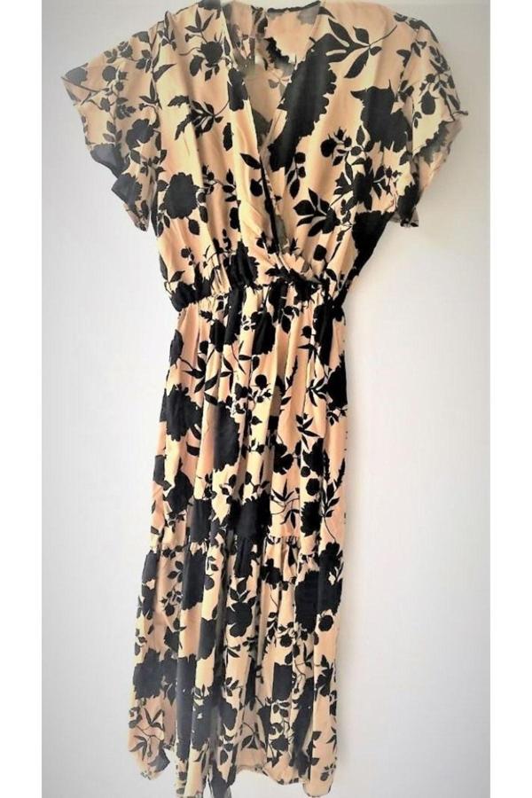 Akkanat Butik Kadın Kısa Kol Desenli Kruvaze Yaka Beli Lastikli Elbise - Image 1