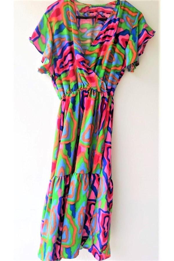 Akkanat Butik Kadın Kısa Kol Desenli Kruvaze Yaka Beli Lastikli Elbise - Image 1