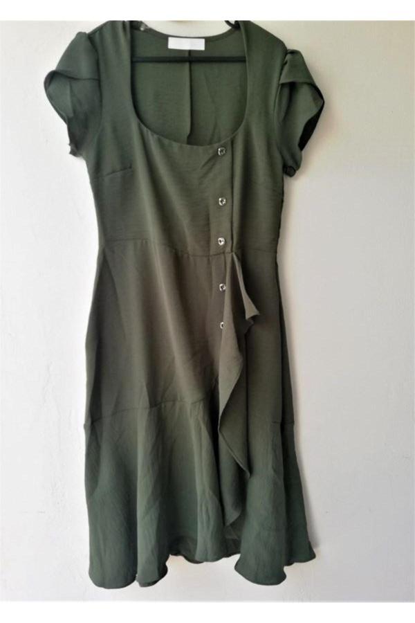 Akkanat Butik Kadın Kısa Kol Düğme Detay Volanlı Elbise - Image 1