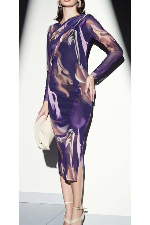 Akkanat Butik Kadın Mor Soyut Desenli Uzun Kollu Örgü Drape Midi Elbise - Image 1