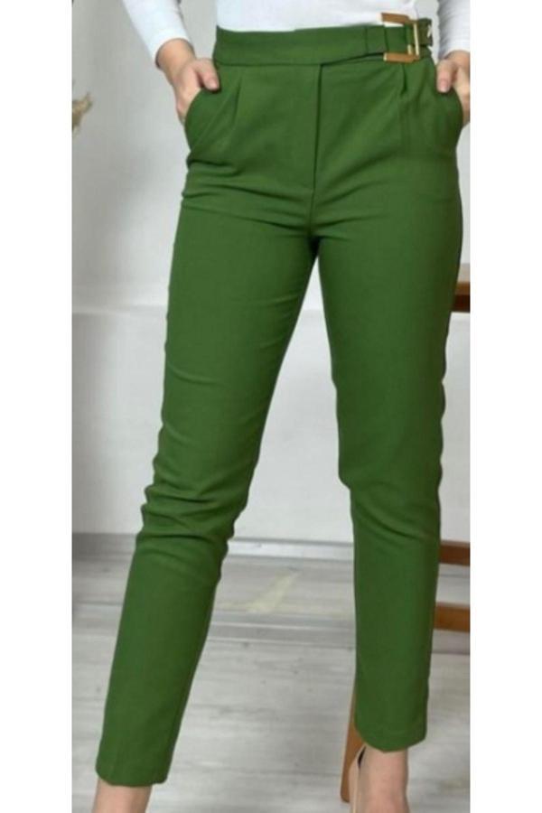 Akkanat Butik Kadın Kemeri Tokalı Kumaş Pantolon Koyu Yeşil - Image 1