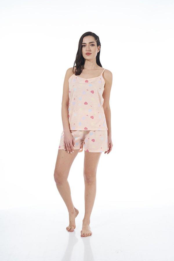 Estiva 22023 Kadın Kalp Desenli Viskon Askılı Şortlu Pijama Takımı - Image 1