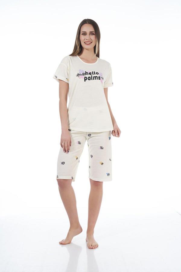 Estiva 22065 Kadın Palmiye Desenli Viskon Kısa Kollu Kaprili Pijama Takımı - Image 1