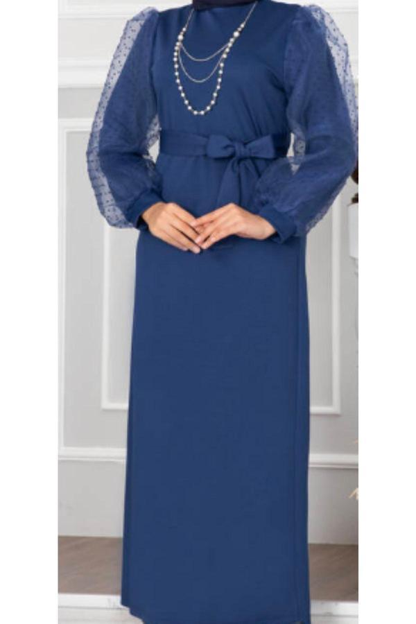 Akkanat Butik Kadın Uzun Kolları Pıtpıtlı Indigo Elbise - Image 1