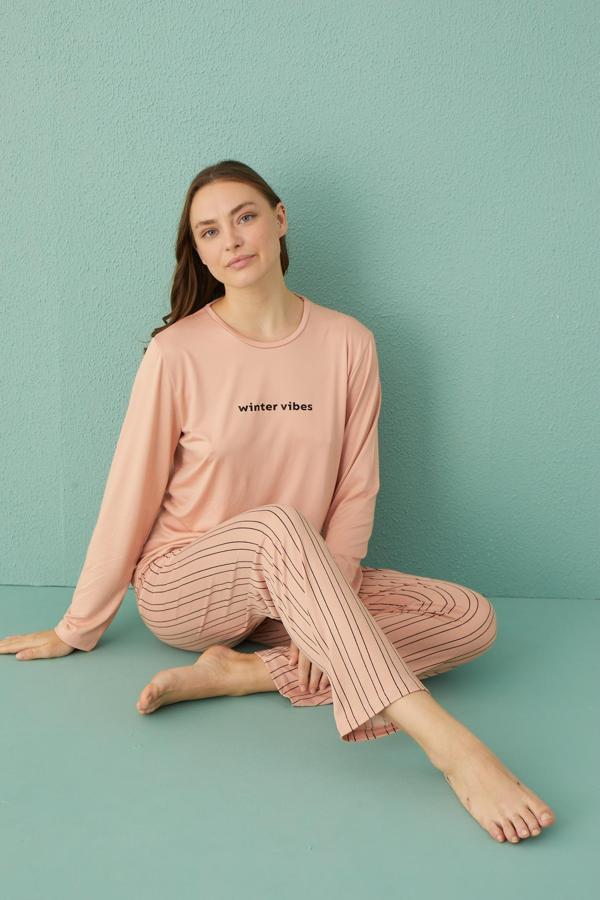 Gd Goldoremi 50902-26 Kadın Çizgili Milan Kumaş Uzun Kol Pijama Takım - Image 1