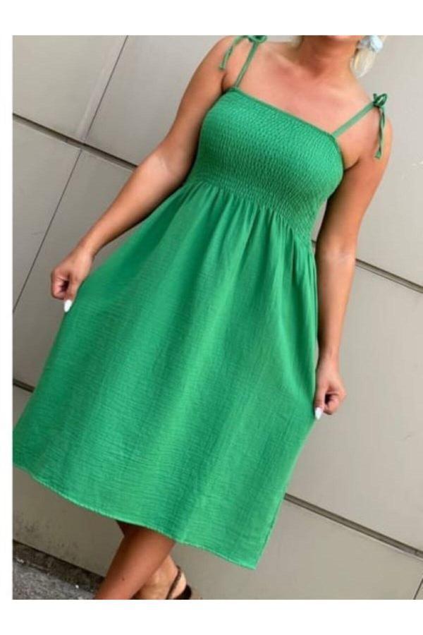 Akkanat Butik Kadın Drapeli Askılı Keten Midi Elbise - Image 1