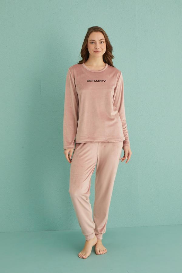 Gd Goldoremi 13165-9 Kadın Be Happy Kadife Manşetli Pijama Takım - Image 1