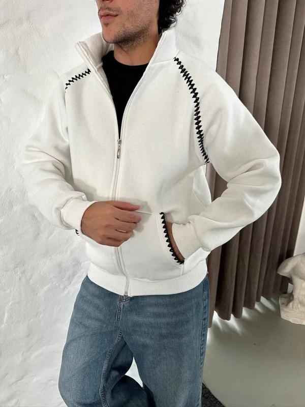 Erkek Oversize Dik Yaka Fermuarlı Sweatshirt - Zincir Nakışli Kanguru Cepli - Beyaz - Image 1