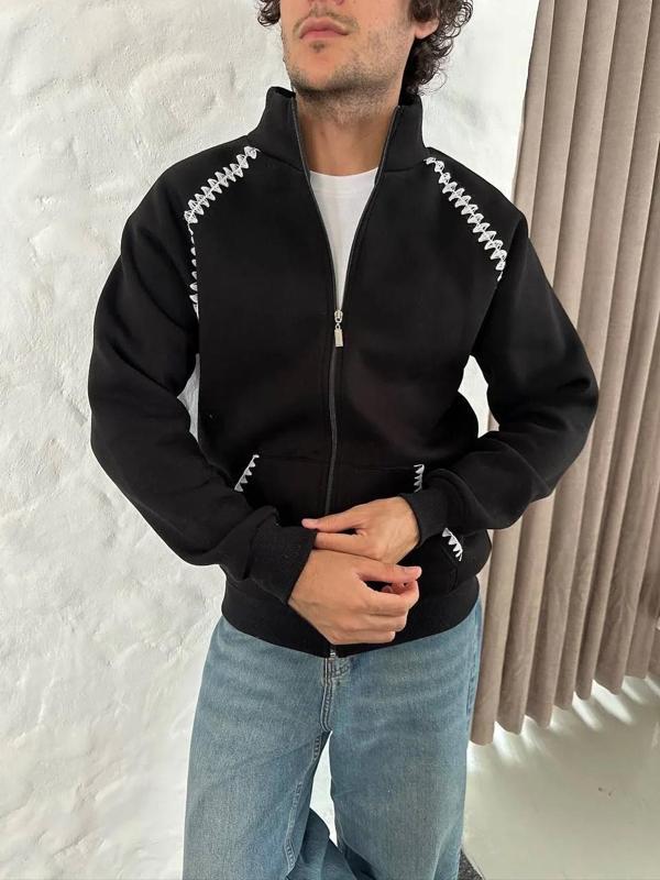 Erkek Oversize Dik Yaka Fermuarlı Sweatshirt - Zincir Nakışli Kanguru Cepli - Siyah - Image 1