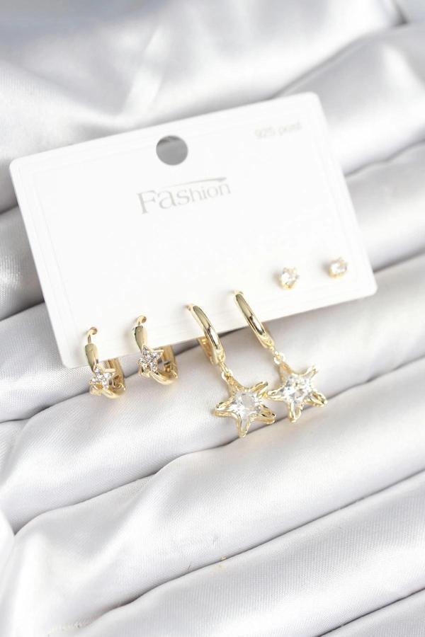 Pirinç Gold Renk Yıldız Model 925 Gümüş Çivili Kadın Küpe Seti - Image 1