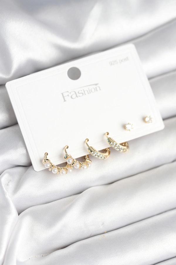 Pirinç Gold Renk Zirkon Taşlı ve İncili Model 925 Ayar Gümüş Çivi Kadın Küpe Seti - Image 1