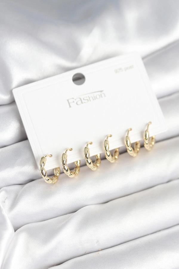 Pirinç Gold Renk Baklalı Halka 925 Gümüş Çivi Kadın Küpe Seti - Image 1