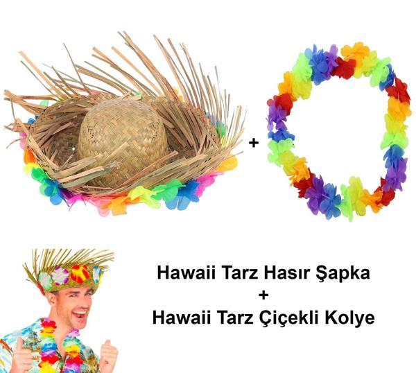 MDB Hawaii Tarzı Set - Tropikal Çiçekli Hasır Şapka ve Çiçekli Hawaii Kolye - Image 1