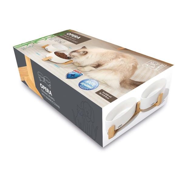 M-Pets Opera Ceramic Bowls Bambu Standlı 2x350 ml Beyaz - Image 1