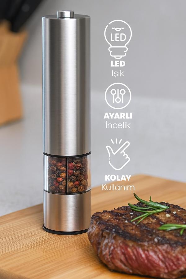 Çelik LED Işıklı Elektronik Baharat Öğütücü Otomatik Tuz Biber Baharat Değirmeni Pille Çalışan 1Adet - Image 1