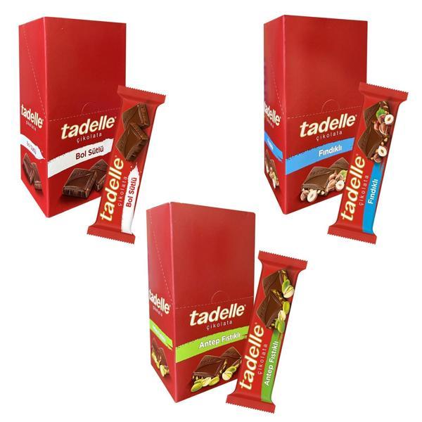 Tadelle Tablet Çikolata 12x30 gr 3 lü Karma / Fındıklı-Sütlü-Antep Fıstıklı - Image 1