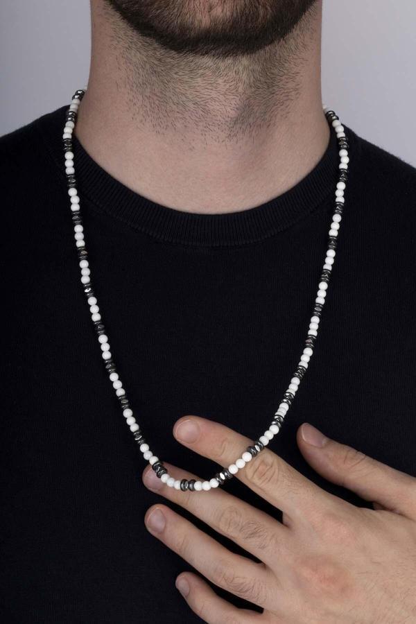 Gümüş Pazarım Sedef Hematit Yuvarlak Kesim Doğal Taş Erkek Kolye - Image 1