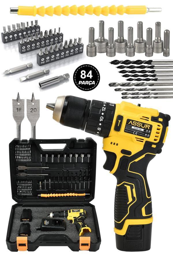 Assur 12V 13mm Çelik Mandrenli Şarjlı Matkap Akülü Vidalama 84 Parça - Image 1