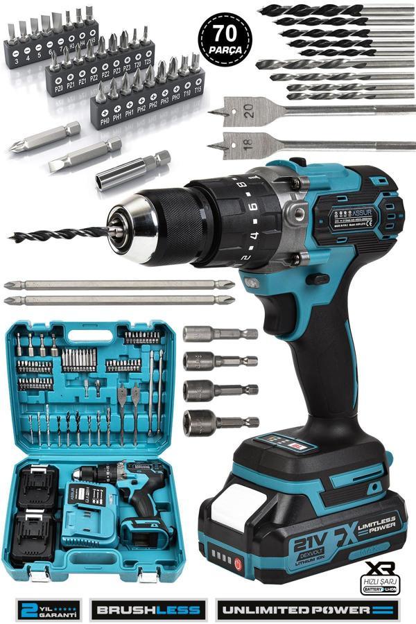 Assur 21V Çift Akülü Vidalama Çelik Mandren Kömürsüz Motor Darbeli Şarjlı Matkap - Image 1