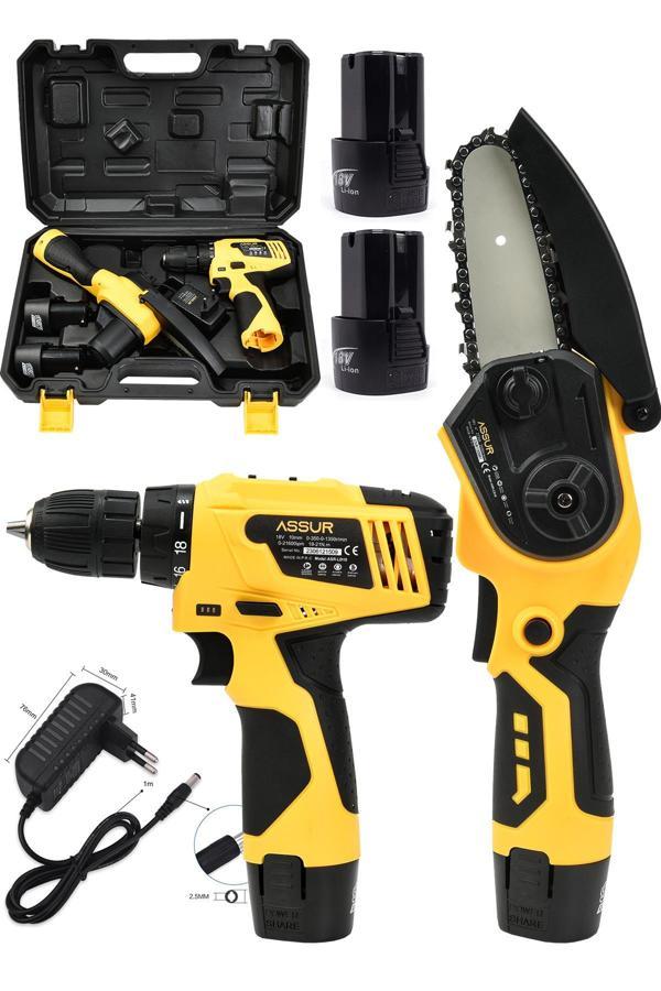 Assur Profesyonel 18V Çift Akülü Vidalama & Ağaç Odun Dal Budama Testeresi 2'li Set - Image 1